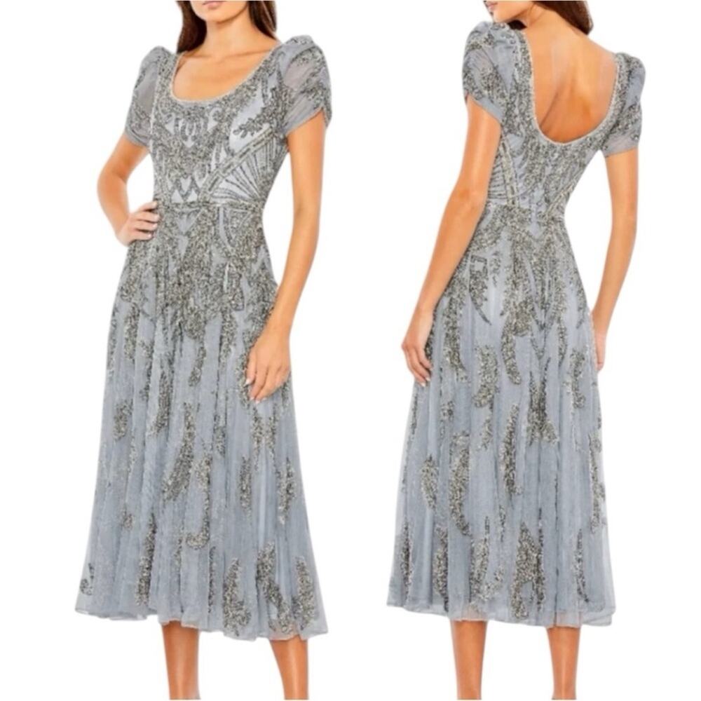 NEW Mac Duggal Plus Size Silver A5434 Beaded Dress, Size 16, MSRP $498